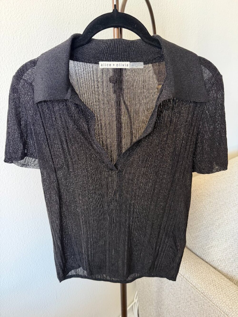Alice + Olivia Black Sheer Collared Knit Top